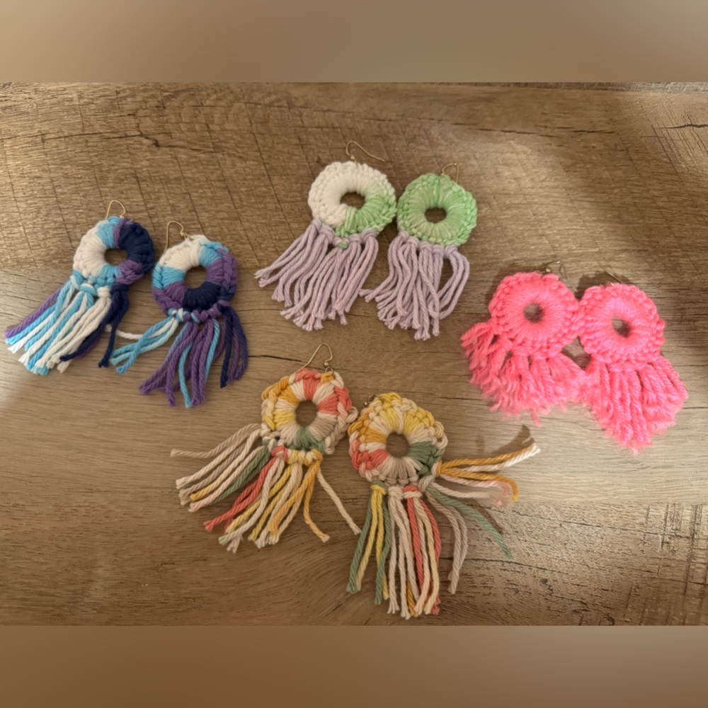 Crochet Boho Fringe Earrings (Handmade) Set of 4